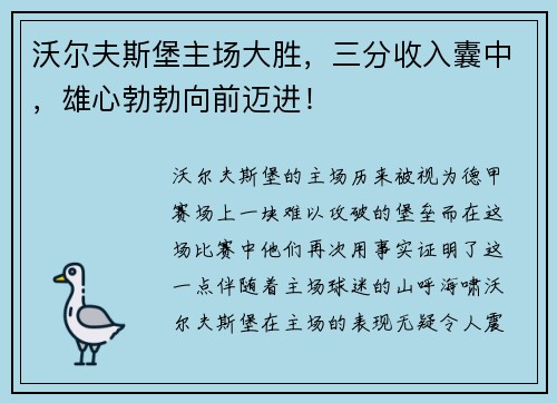沃尔夫斯堡主场大胜，三分收入囊中，雄心勃勃向前迈进！