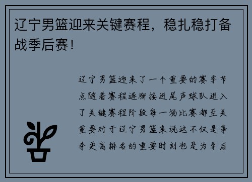 辽宁男篮迎来关键赛程，稳扎稳打备战季后赛！