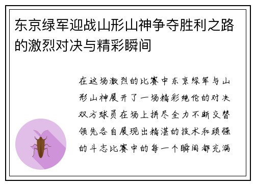东京绿军迎战山形山神争夺胜利之路的激烈对决与精彩瞬间