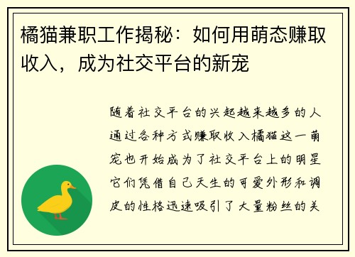 橘猫兼职工作揭秘：如何用萌态赚取收入，成为社交平台的新宠