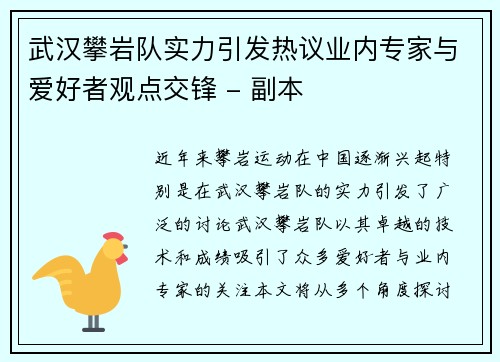 武汉攀岩队实力引发热议业内专家与爱好者观点交锋 - 副本